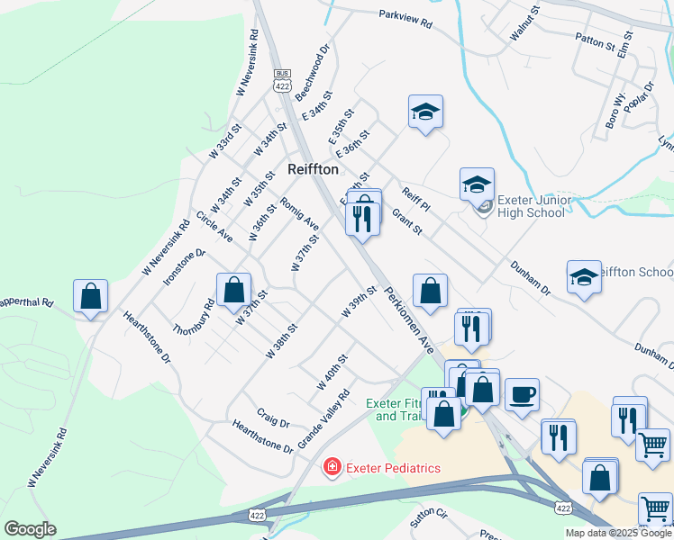 map of restaurants, bars, coffee shops, grocery stores, and more near 100 West 38th Street in Reading