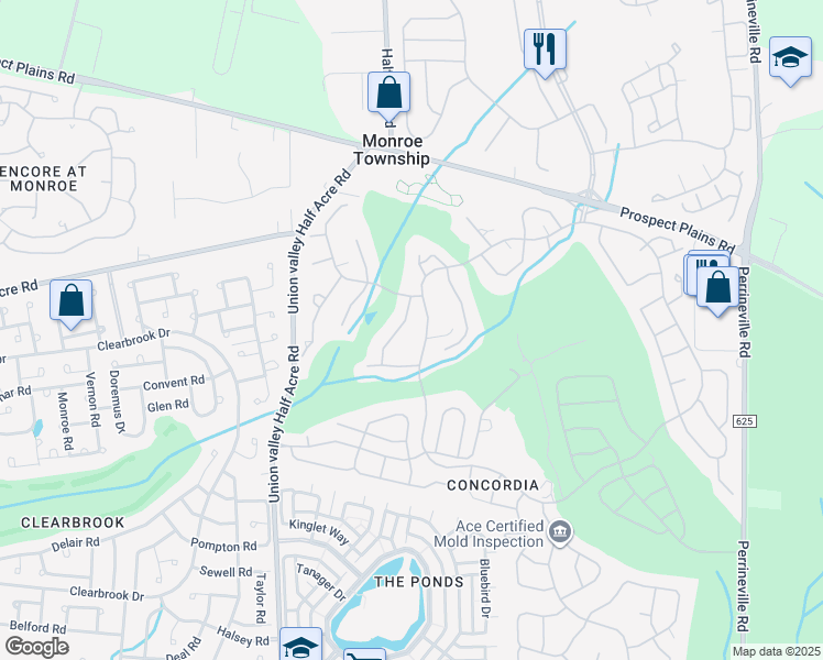 map of restaurants, bars, coffee shops, grocery stores, and more near 124 Concordia Circle in Monroe Township