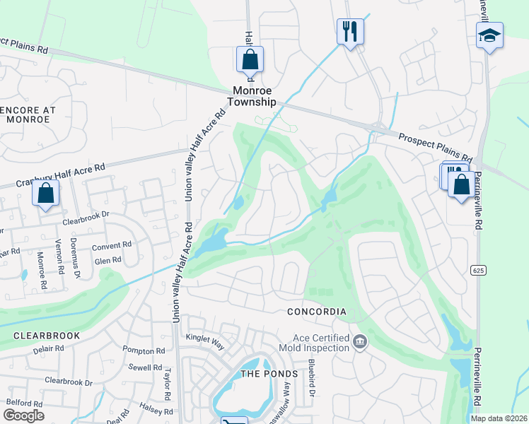map of restaurants, bars, coffee shops, grocery stores, and more near 124A Concordia Circle in Monroe Township