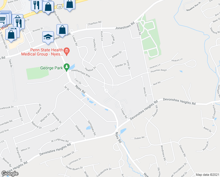 map of restaurants, bars, coffee shops, grocery stores, and more near 6513 Heather Court in Harrisburg