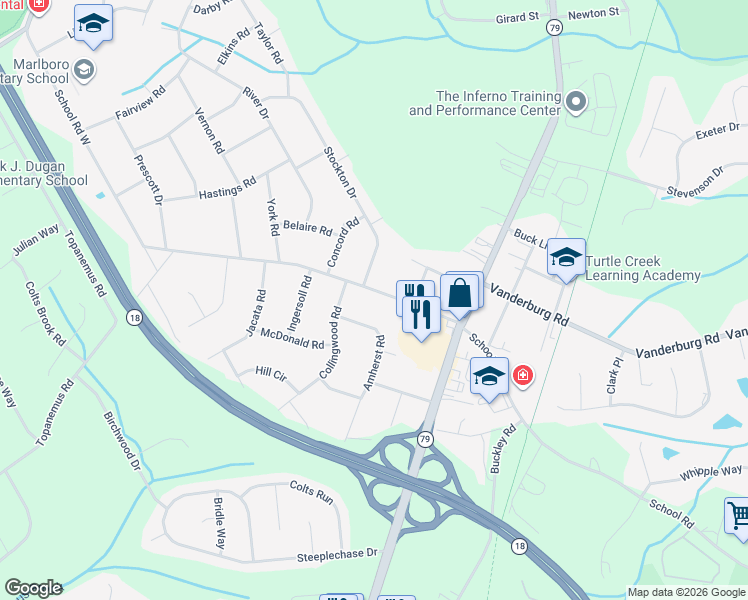 map of restaurants, bars, coffee shops, grocery stores, and more near 23 School Road West in Marlboro Township