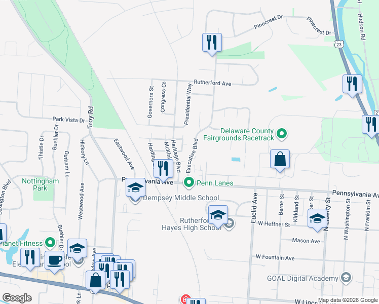 map of restaurants, bars, coffee shops, grocery stores, and more near 547 Executive Boulevard in Delaware