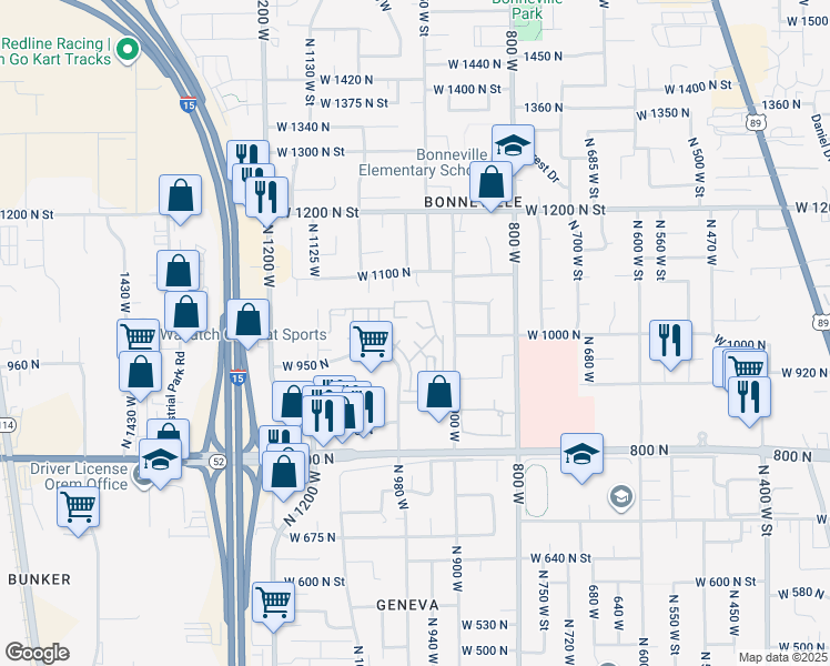 map of restaurants, bars, coffee shops, grocery stores, and more near 947 1010 North in Orem
