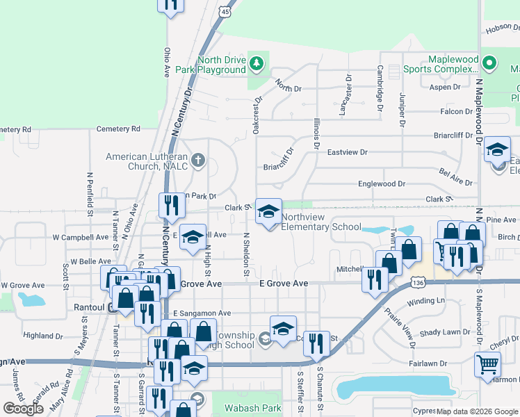 map of restaurants, bars, coffee shops, grocery stores, and more near 600 Clark Street in Rantoul