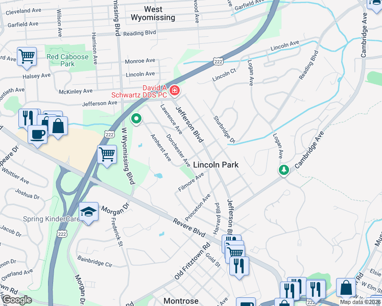 map of restaurants, bars, coffee shops, grocery stores, and more near 415 Lawrence Avenue in Reading