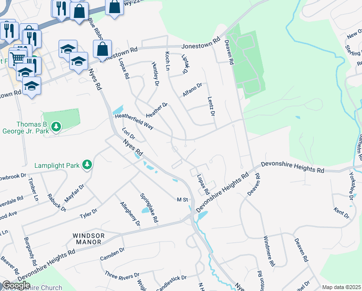 map of restaurants, bars, coffee shops, grocery stores, and more near 6513 Heather Court in Harrisburg