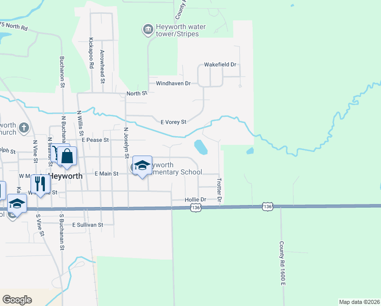 map of restaurants, bars, coffee shops, grocery stores, and more near 810 East Newton Street in Heyworth