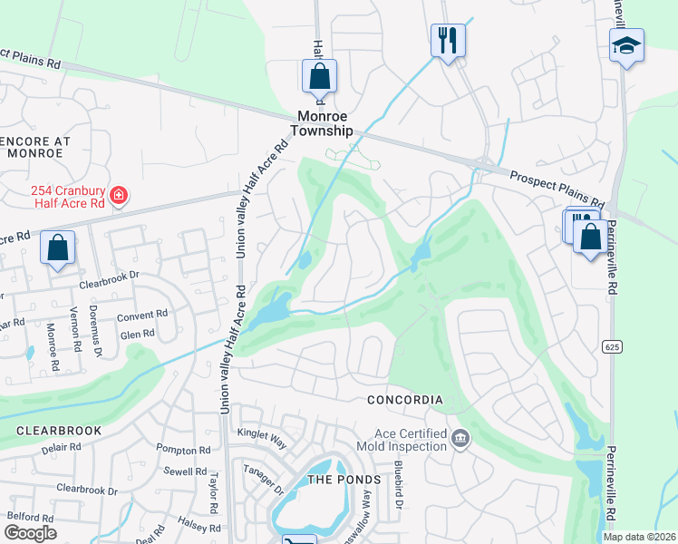 map of restaurants, bars, coffee shops, grocery stores, and more near 124A Concordia Circle in Monroe Township