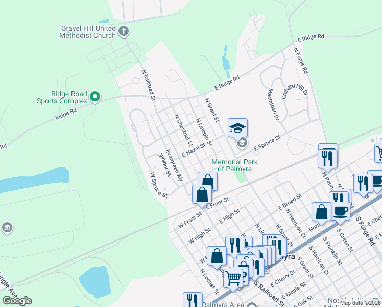 map of restaurants, bars, coffee shops, grocery stores, and more near 551 North Chestnut Street in Palmyra