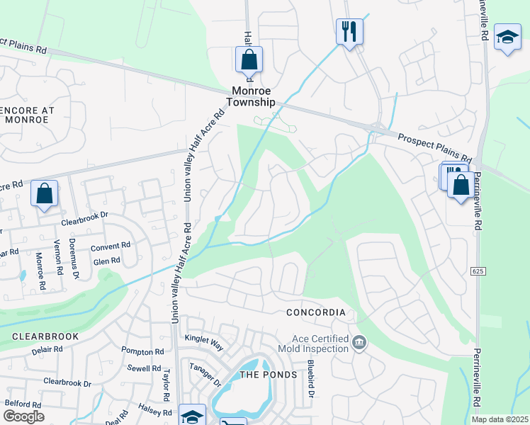 map of restaurants, bars, coffee shops, grocery stores, and more near 124A Concordia Circle in Monroe Township