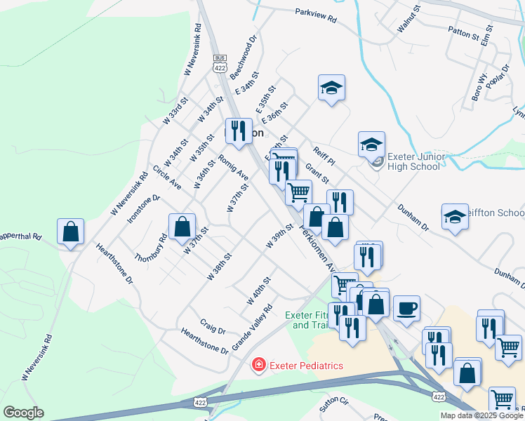map of restaurants, bars, coffee shops, grocery stores, and more near 100 West 38th Street in Reading