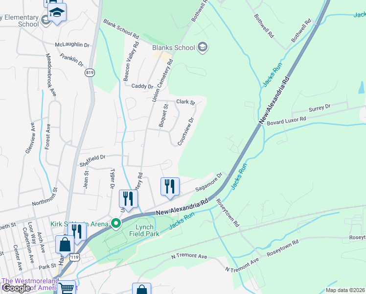 map of restaurants, bars, coffee shops, grocery stores, and more near 728 Courtview Dr in Greensburg