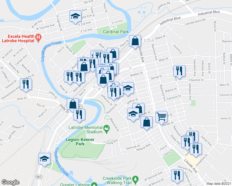 map of restaurants, bars, coffee shops, grocery stores, and more near 1010 Ligonier St in Latrobe