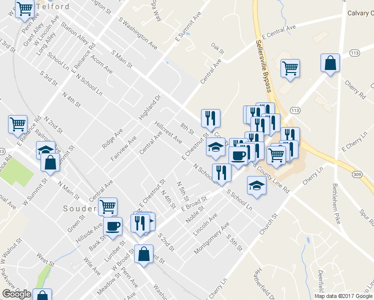 map of restaurants, bars, coffee shops, grocery stores, and more near 104 Hillcrest Avenue in Souderton