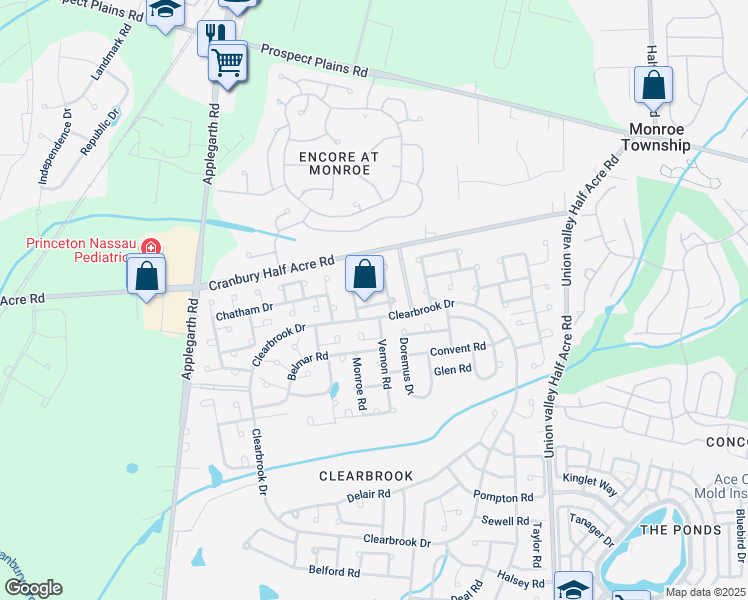 map of restaurants, bars, coffee shops, grocery stores, and more near 173D Warren Road in Monroe Township