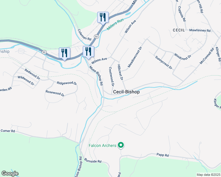 map of restaurants, bars, coffee shops, grocery stores, and more near 28 Crestwood Drive in Cecil-Bishop