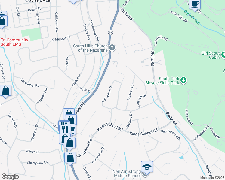 map of restaurants, bars, coffee shops, grocery stores, and more near 5659 Valleyview Dr in Bethel Park