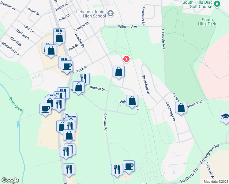 map of restaurants, bars, coffee shops, grocery stores, and more near 860 Norman Drive in Lebanon
