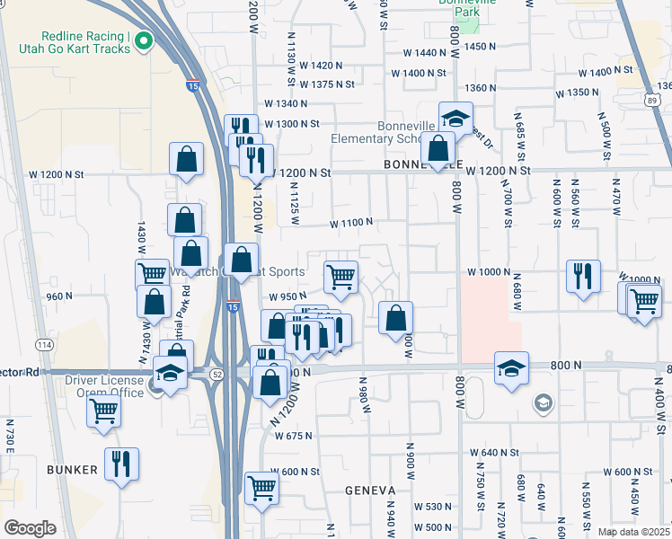 map of restaurants, bars, coffee shops, grocery stores, and more near 969 North 1030 West Street in Orem