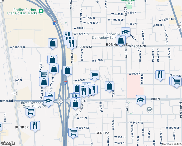 map of restaurants, bars, coffee shops, grocery stores, and more near 969 North 1030 West Street in Orem