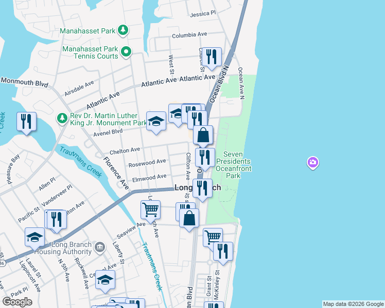 map of restaurants, bars, coffee shops, grocery stores, and more near 310 New Jersey 36 in Long Branch