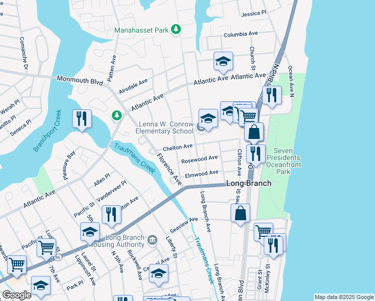 map of restaurants, bars, coffee shops, grocery stores, and more near 172 Chelton Avenue in Long Branch