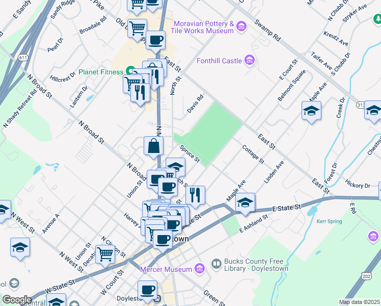 map of restaurants, bars, coffee shops, grocery stores, and more near 209 Mechanics Street in Doylestown