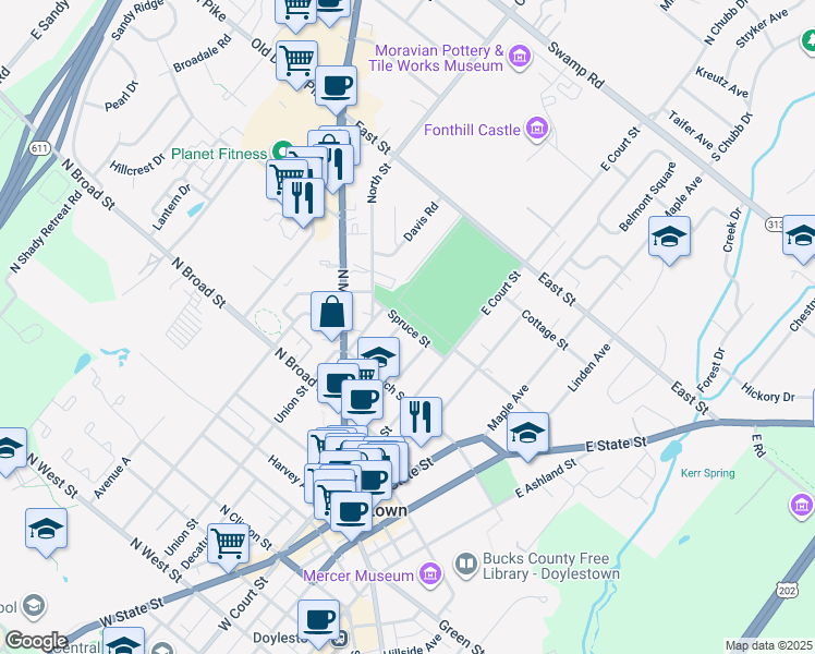 map of restaurants, bars, coffee shops, grocery stores, and more near 209 Mechanics Street in Doylestown