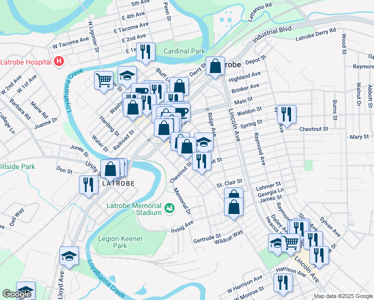 map of restaurants, bars, coffee shops, grocery stores, and more near 1010 Ligonier Street in Latrobe