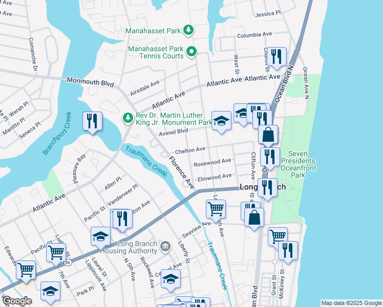 map of restaurants, bars, coffee shops, grocery stores, and more near 172 Chelton Avenue in Long Branch