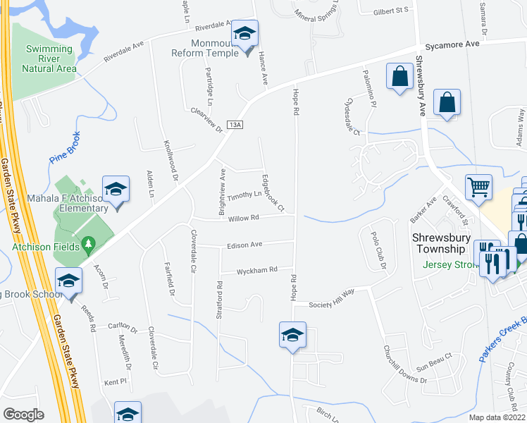 map of restaurants, bars, coffee shops, grocery stores, and more near 39 Willow Road in Tinton Falls