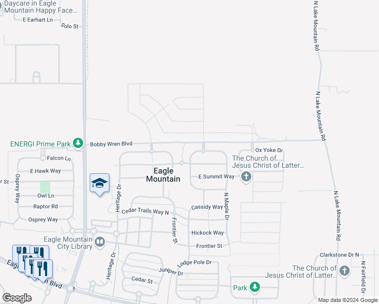 map of restaurants, bars, coffee shops, grocery stores, and more near 4687 Jordan Way in Eagle Mountain