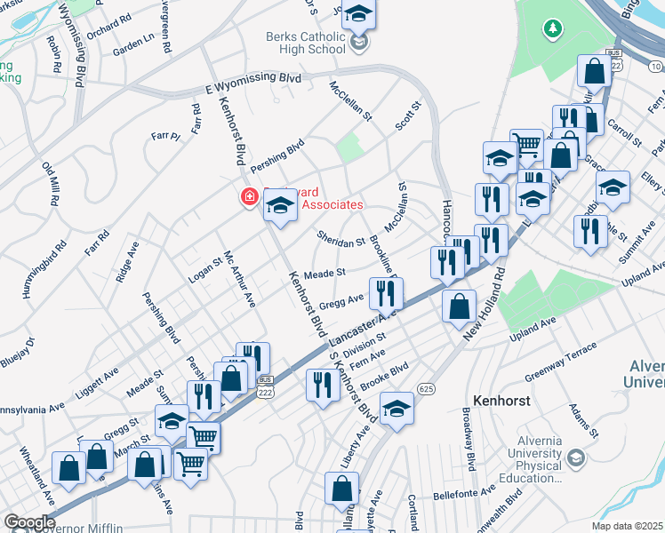 map of restaurants, bars, coffee shops, grocery stores, and more near 1205 Meade Street in Reading