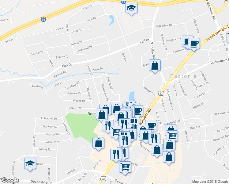 map of restaurants, bars, coffee shops, grocery stores, and more near 45 Suffolk Road in Harrisburg
