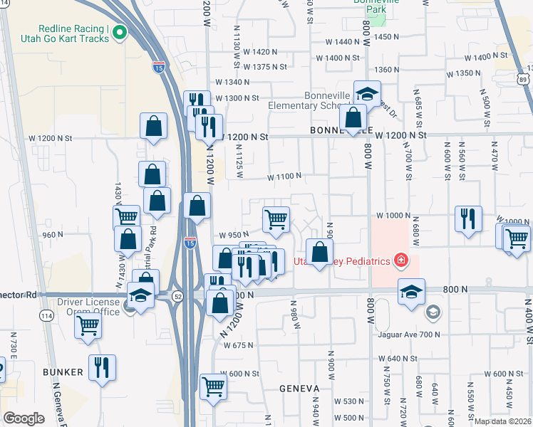 map of restaurants, bars, coffee shops, grocery stores, and more near 969 North 1030 West Street in Orem