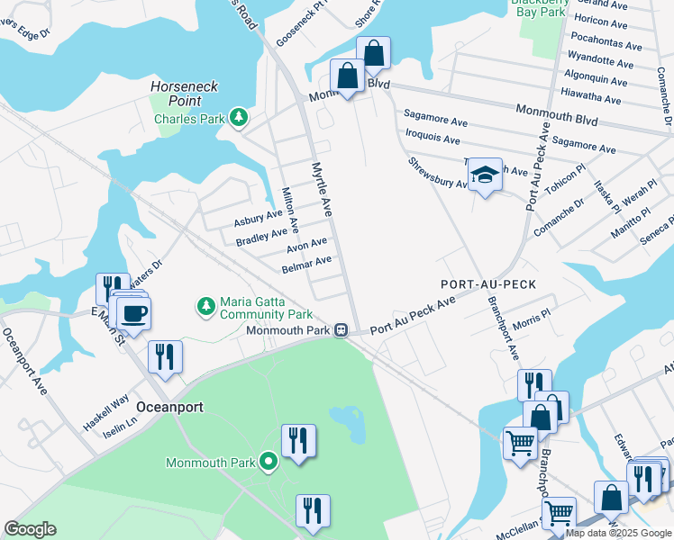 map of restaurants, bars, coffee shops, grocery stores, and more near 7 Spring Lake Avenue in Oceanport