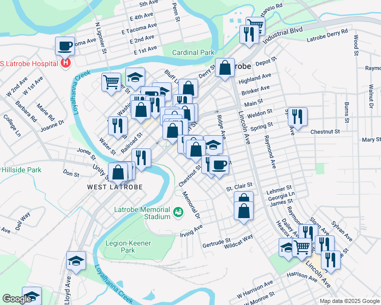 map of restaurants, bars, coffee shops, grocery stores, and more near 1010 Ligonier Street in Latrobe