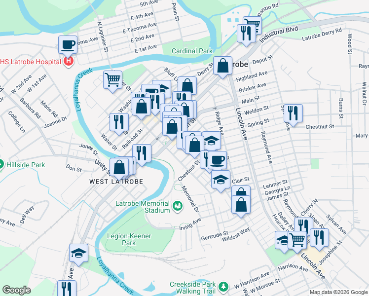 map of restaurants, bars, coffee shops, grocery stores, and more near 210 Weldon Street in Latrobe