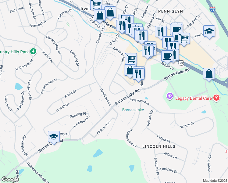 map of restaurants, bars, coffee shops, grocery stores, and more near 455 Huntingdon Avenue in Irwin