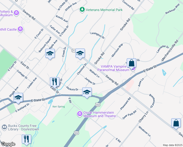 map of restaurants, bars, coffee shops, grocery stores, and more near 16 Walnut Ln in Quakertown