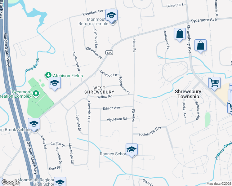 map of restaurants, bars, coffee shops, grocery stores, and more near 55 Willow Road in Tinton Falls