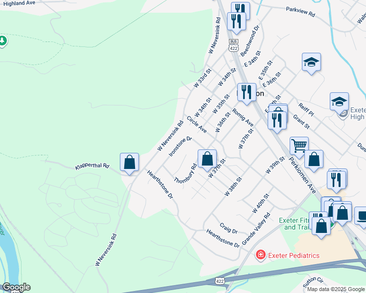 map of restaurants, bars, coffee shops, grocery stores, and more near 18 Ironstone Drive in Reading
