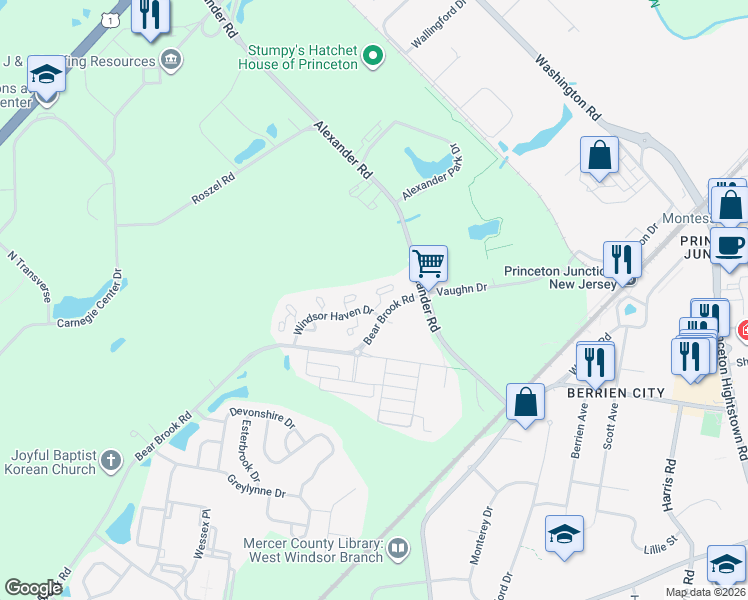 map of restaurants, bars, coffee shops, grocery stores, and more near 25 Halstead Place in Princeton