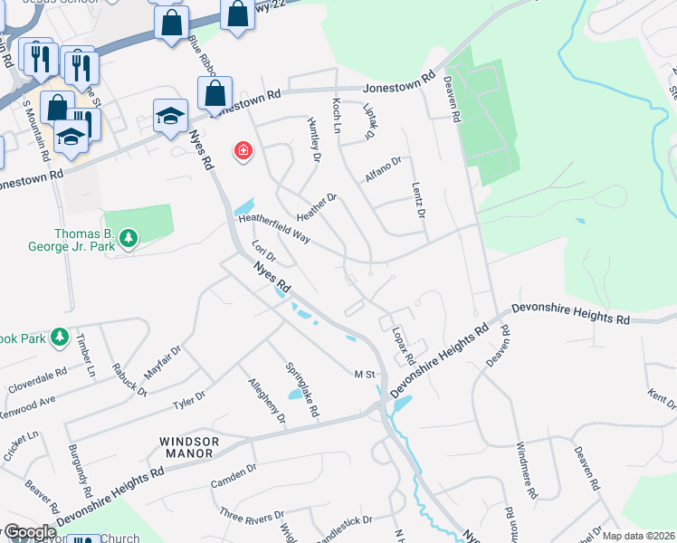 map of restaurants, bars, coffee shops, grocery stores, and more near 300 Lopax Road in Harrisburg