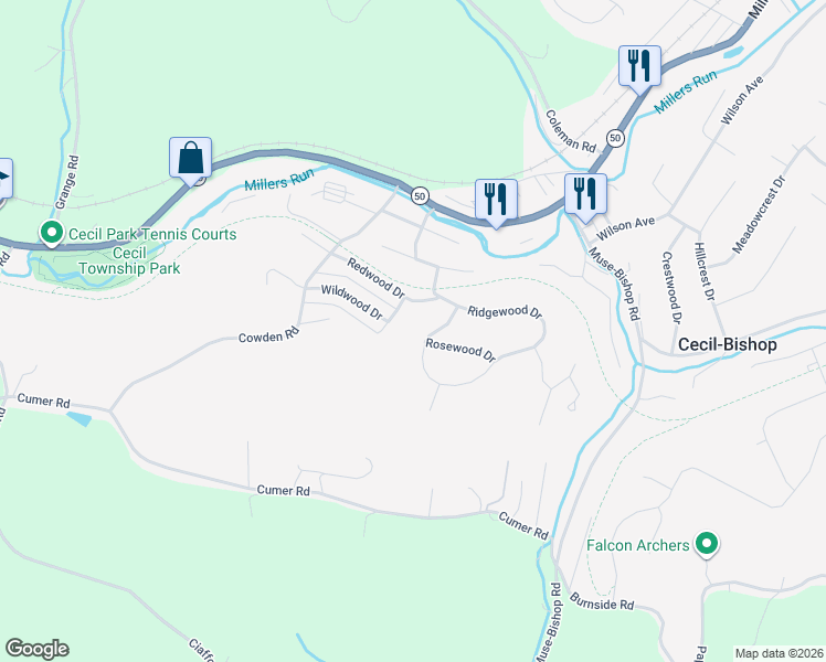 map of restaurants, bars, coffee shops, grocery stores, and more near 736 Wildwood Drive in McDonald