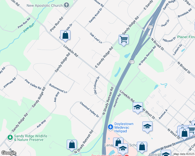 map of restaurants, bars, coffee shops, grocery stores, and more near 1 Gatehouse Lane in Doylestown