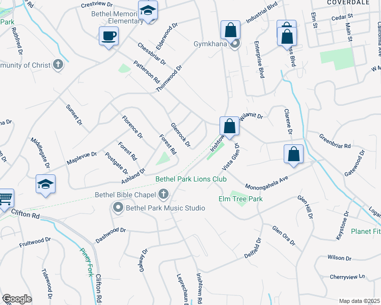 map of restaurants, bars, coffee shops, grocery stores, and more near 648 Glenrock Dr in Bethel Park