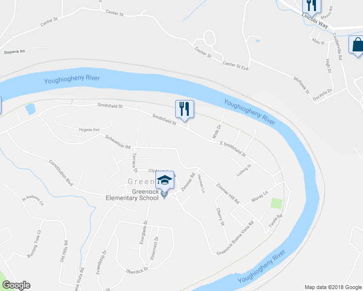 map of restaurants, bars, coffee shops, grocery stores, and more near 1008 Schweitzer Road in McKeesport
