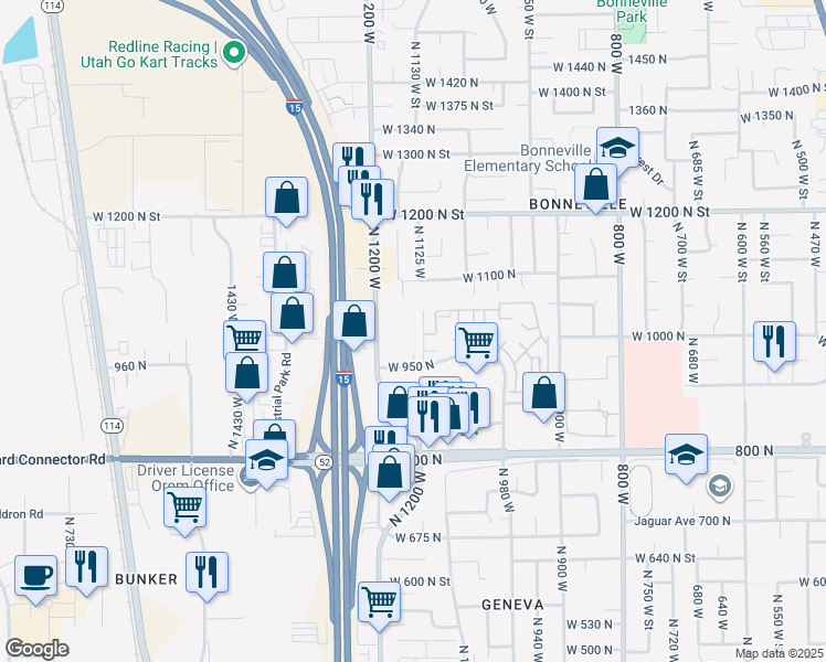 map of restaurants, bars, coffee shops, grocery stores, and more near 1140 West 950 North in Orem