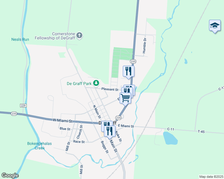 map of restaurants, bars, coffee shops, grocery stores, and more near 254 East Pleasant Street in De Graff